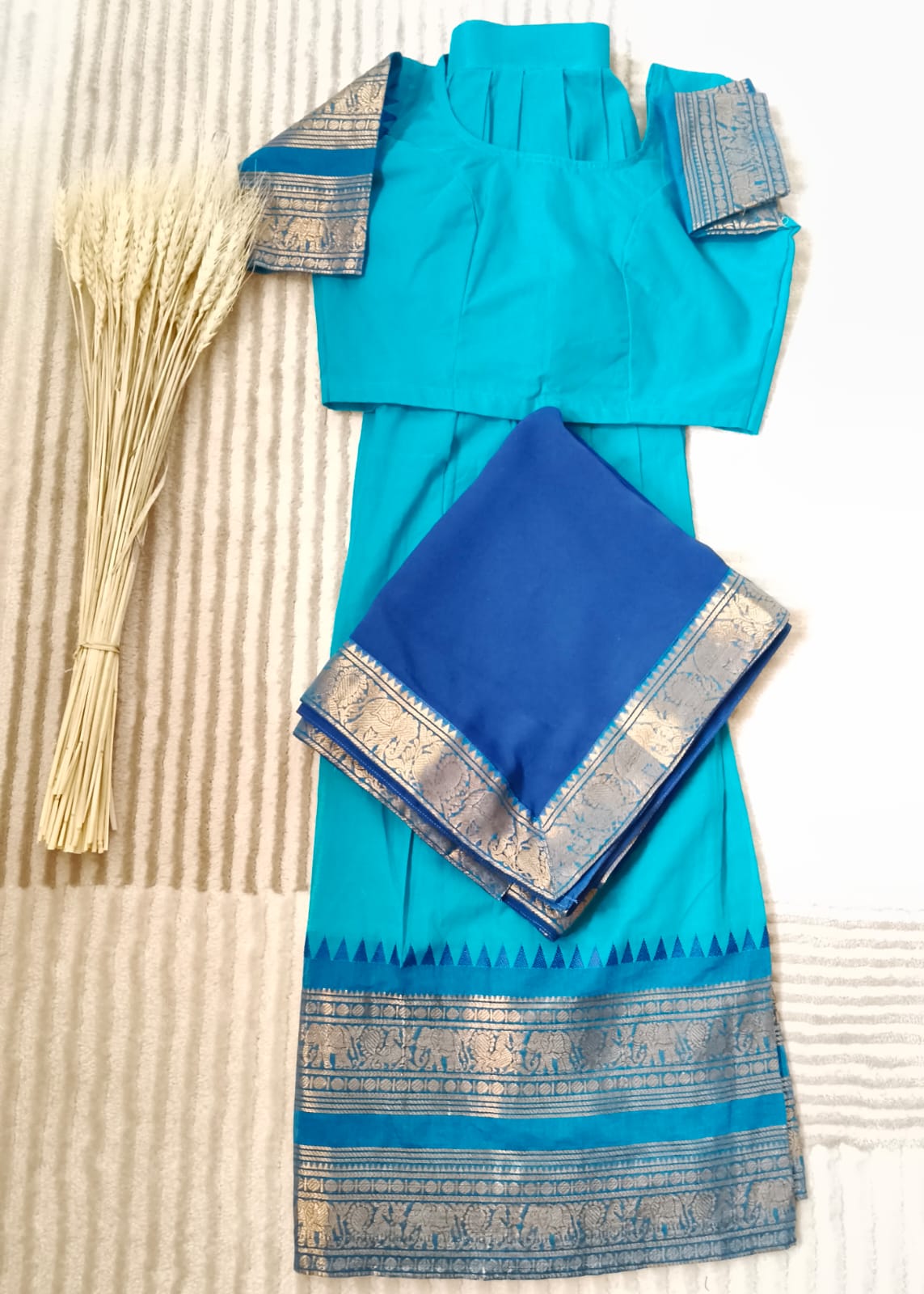 Dual Shade Blue Half Saree with Rich Golden zari Blue Boder With MS Blue Dupatta