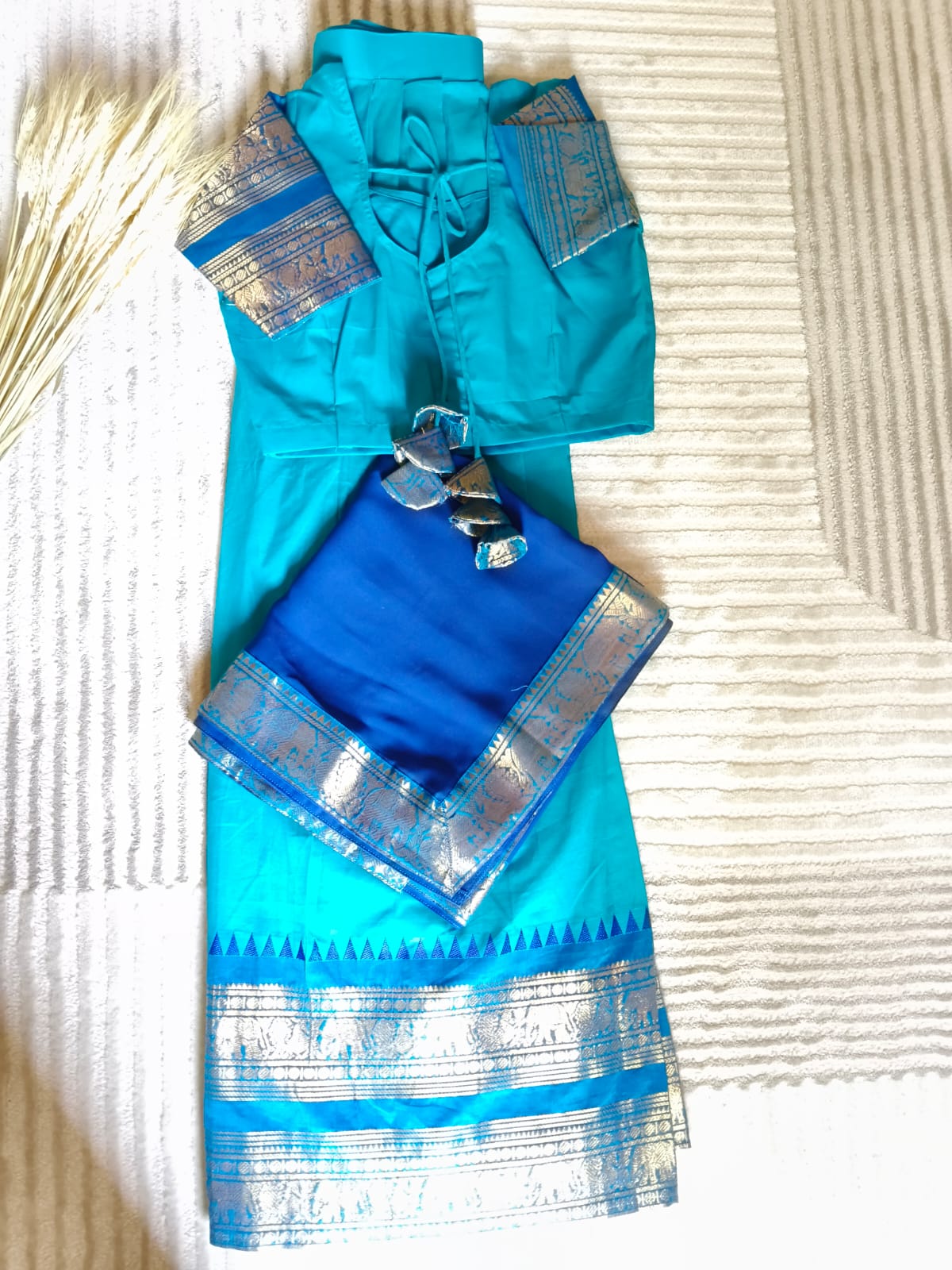 Dual Shade Blue Half Saree with Rich Golden zari Blue Boder With MS Blue Dupatta