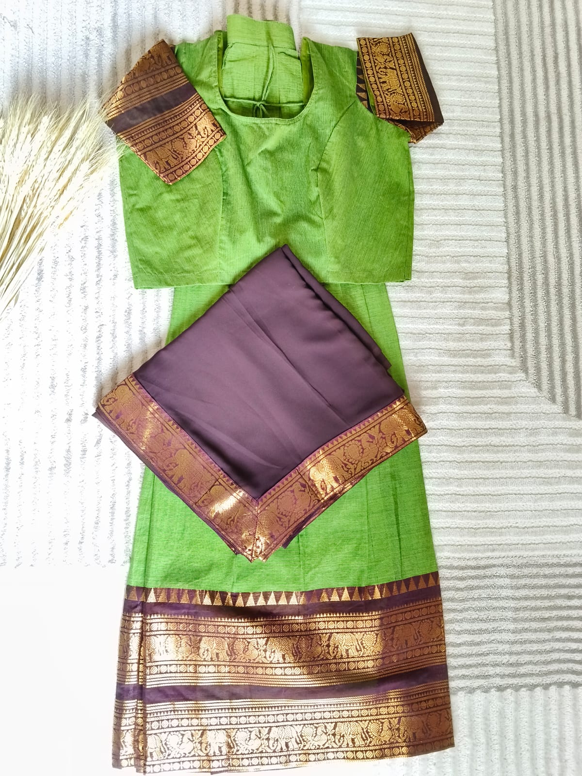 Dual tone Green with Rich Golden Zari Bold Coffe Color Border with Dhavani