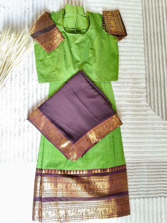 Dual tone Green with Rich Golden Zari Bold Coffe Color Border with Dhavani