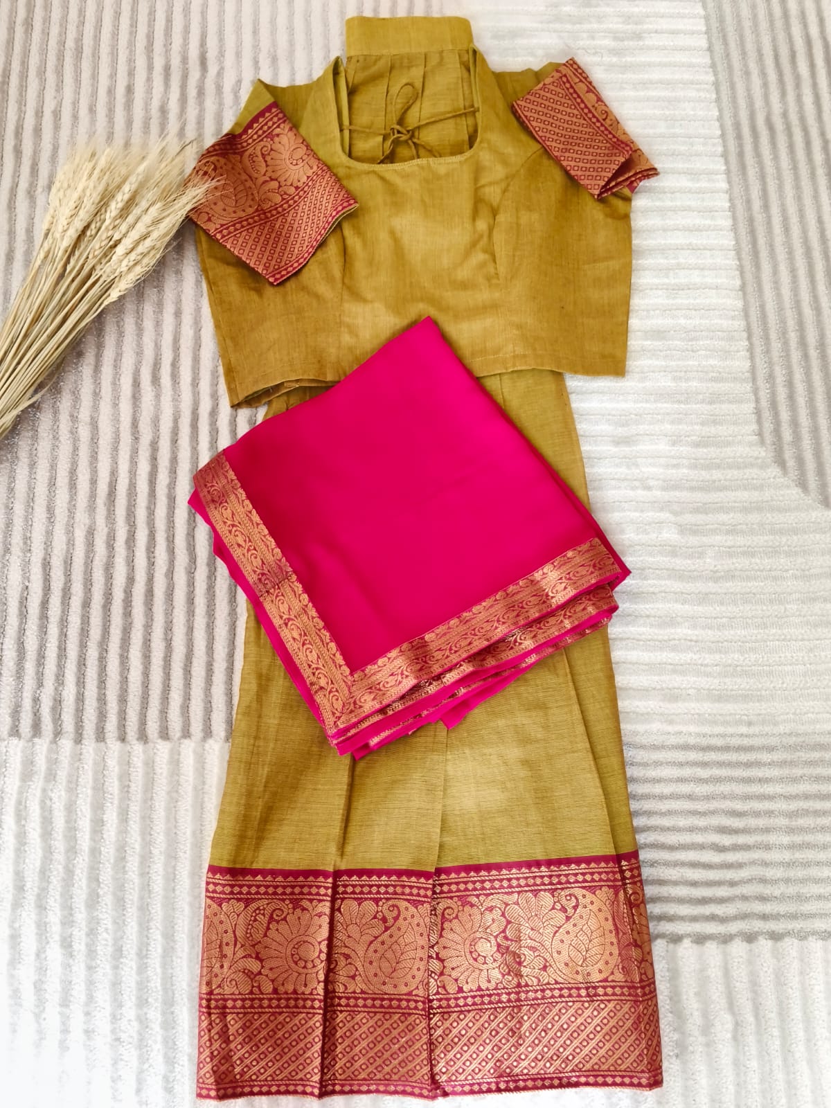 Dual Shade Green Half Saree with Rich Golden Zari Rani Pink Border with Dupatta