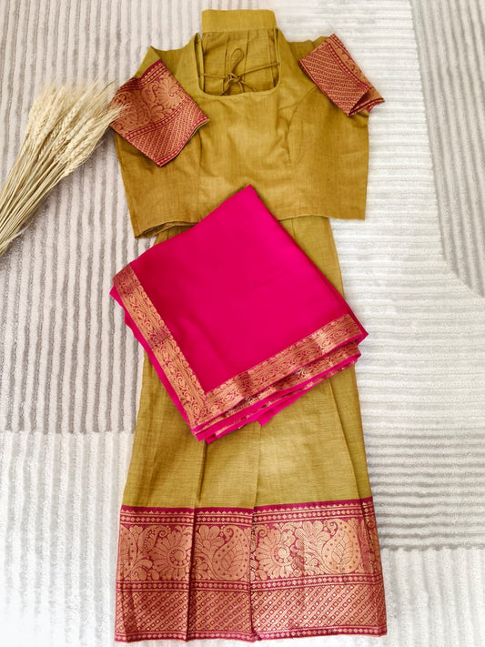 Dual Shade Green Half Saree with Rich Golden Zari Rani Pink Border with Dupatta