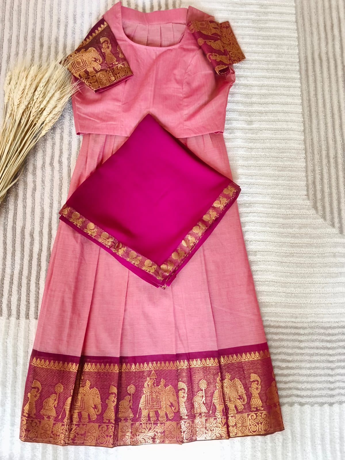 Dual Shade Pinkish Purple Half Saree With Rich Golden Zari Purple Border with Dupatta