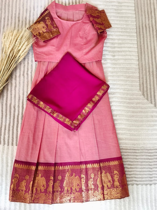 Dual Shade Pinkish Purple Half Saree With Rich Golden Zari Purple Border with Dupatta