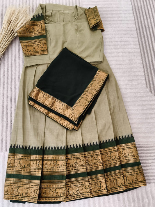 Dual Shade Light Green Half Saree with Golden Zari Dark Green Border With Dupatta