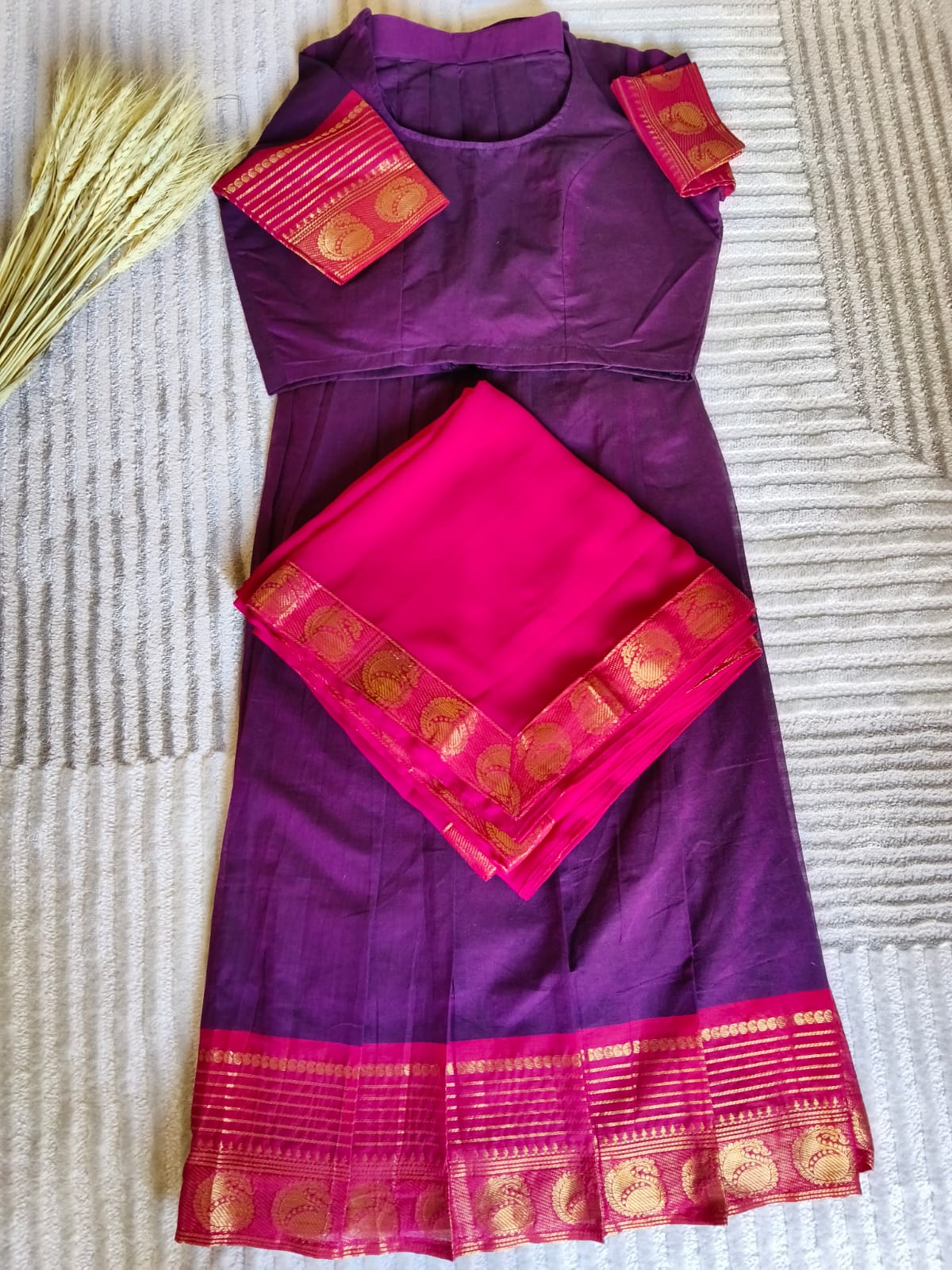Dark Purple Half Saree with Rich Golden Zari Rani Pink Border with Dupatta
