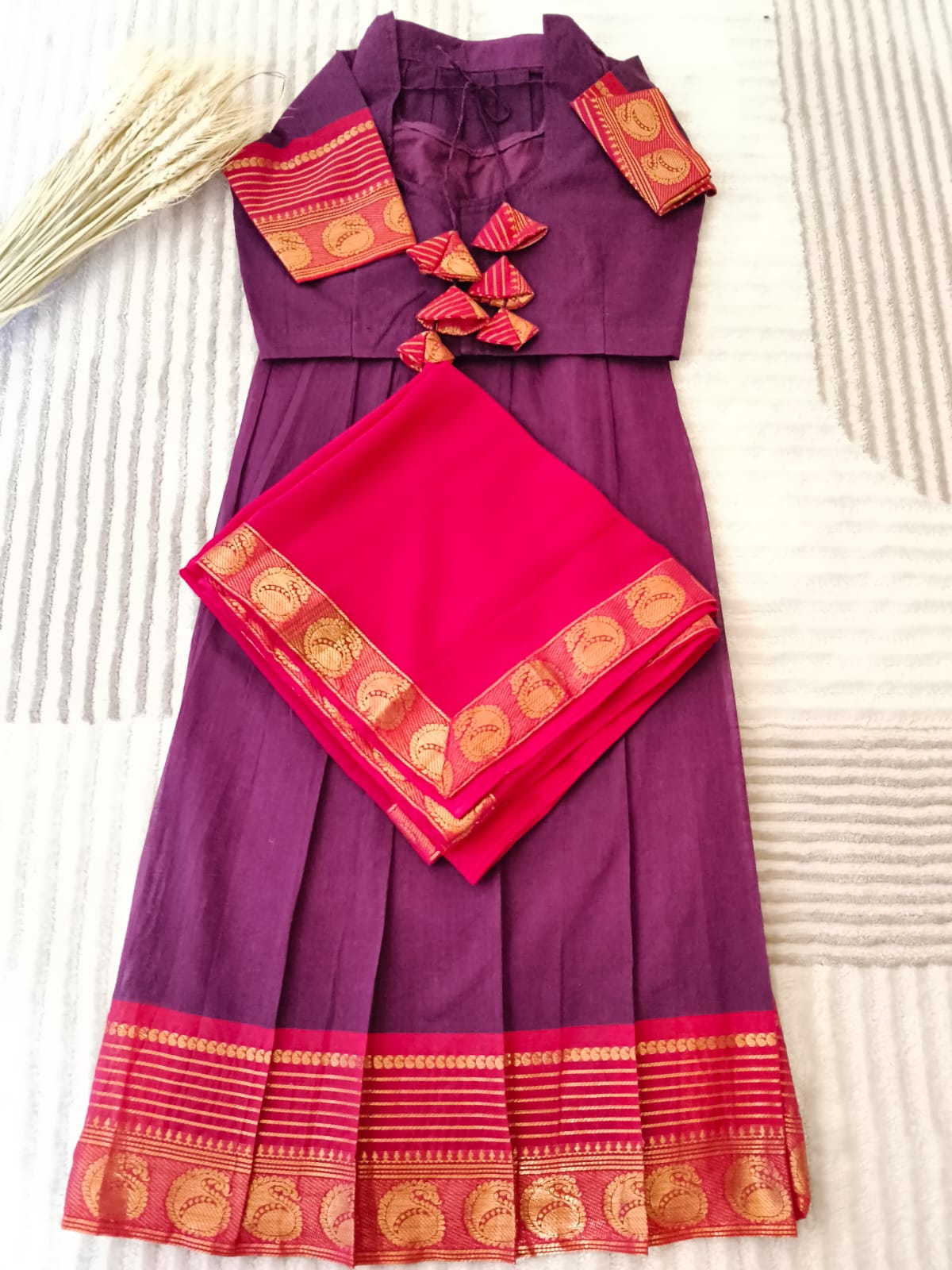 Dark Purple Half Saree with Rich Golden Zari Rani Pink Border with Dupatta