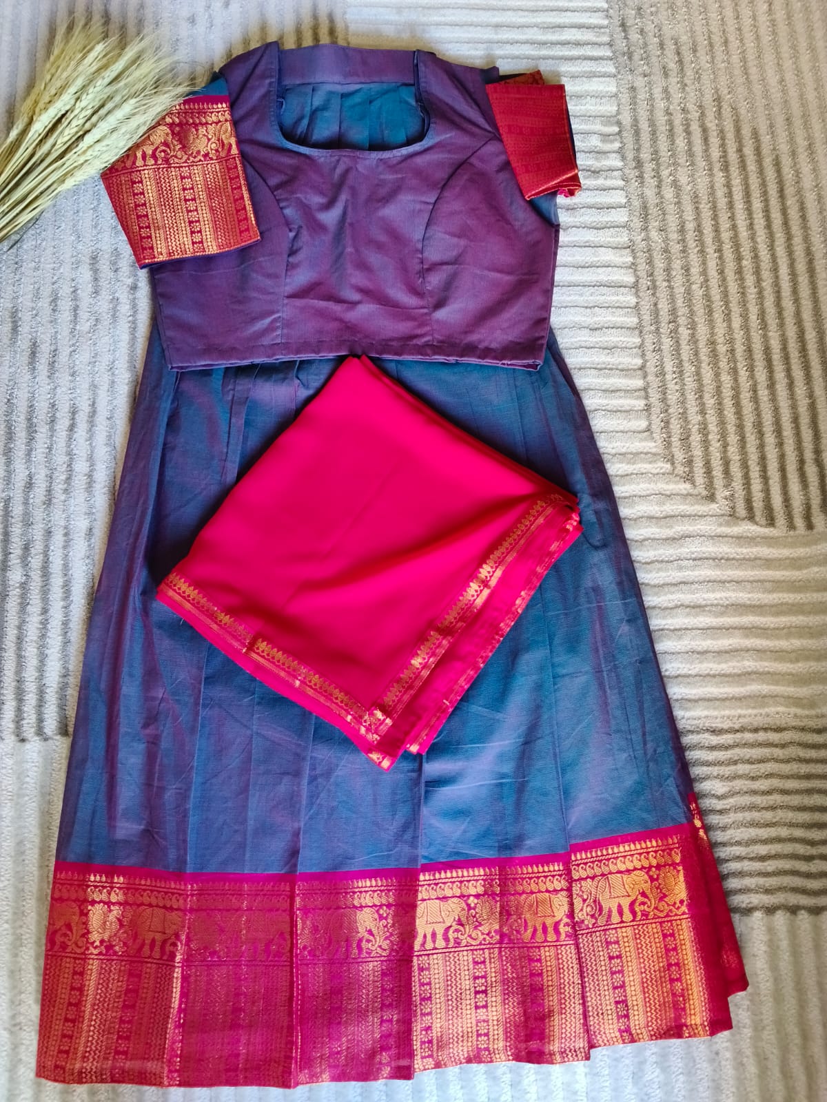 Dual Shade Dark Blue Half Saree With Rich Golden Zari Rani Pink Border with Dupatta