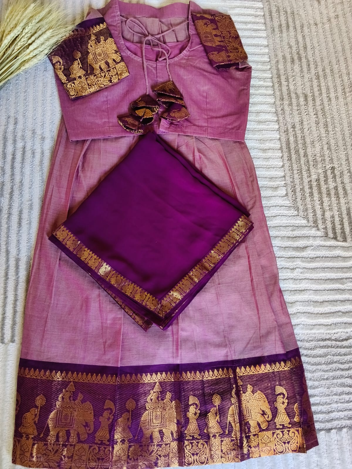Dual Shade Light Purple Half Saree with Rich Gloden Zari Dark Purple Border with Dupatta