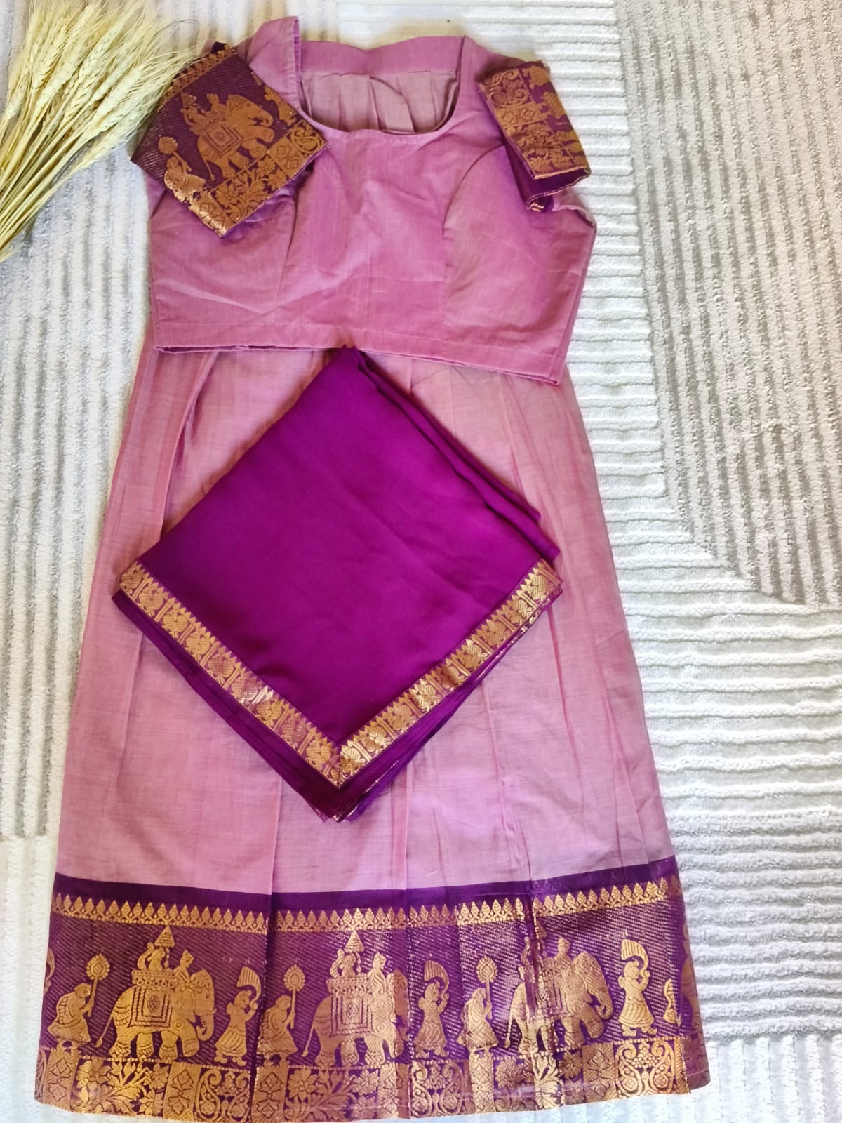 Dual Shade Light Purple Half Saree with Rich Gloden Zari Dark Purple Border with Dupatta