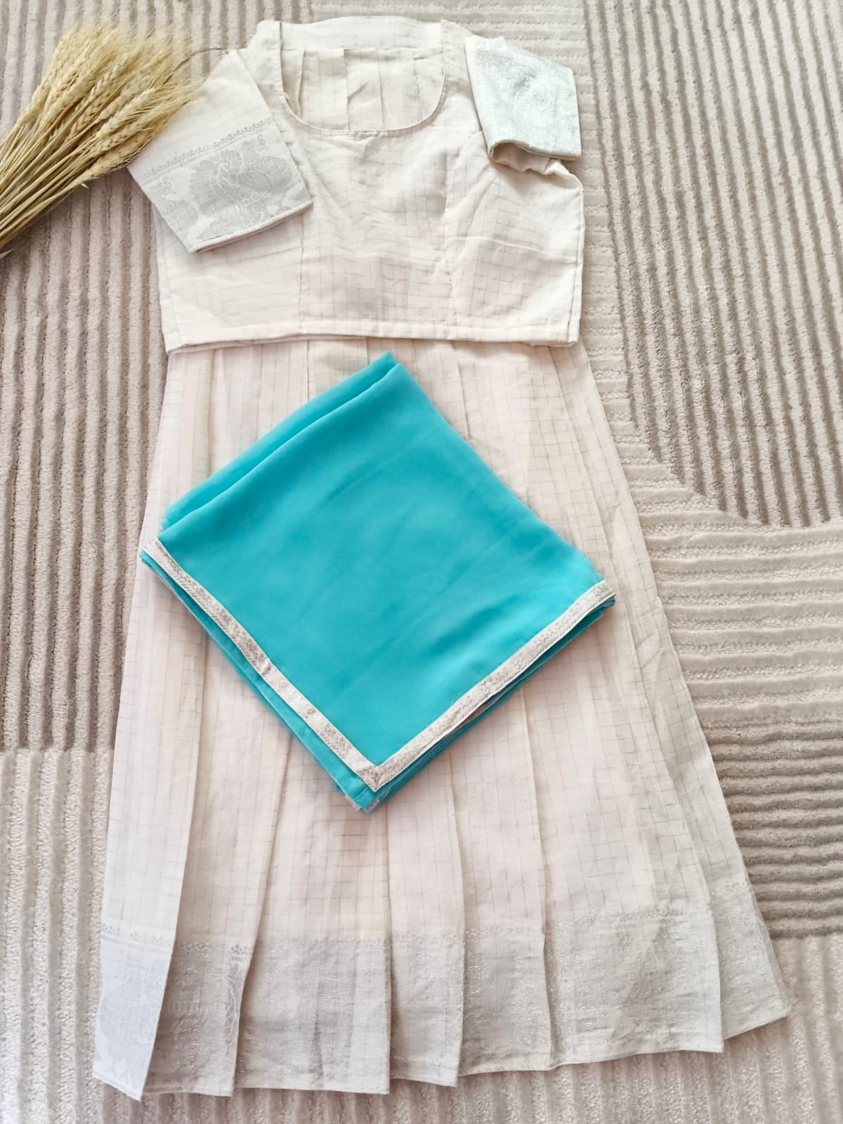 White with Rich Silver Border Half Saree With Light Sky Blue Dupatta