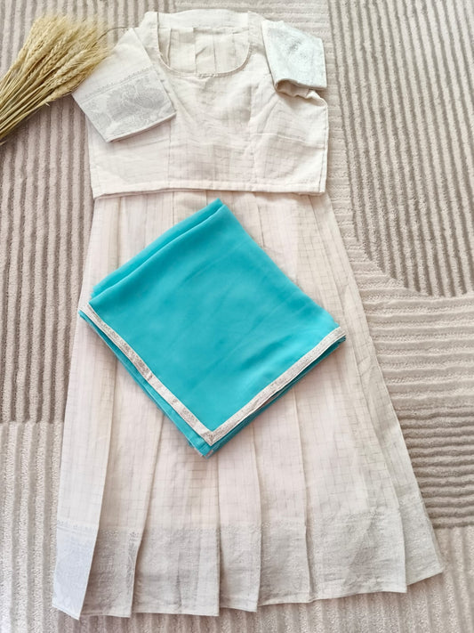 White with Rich Silver Border Half Saree With Light Sky Blue Dupatta