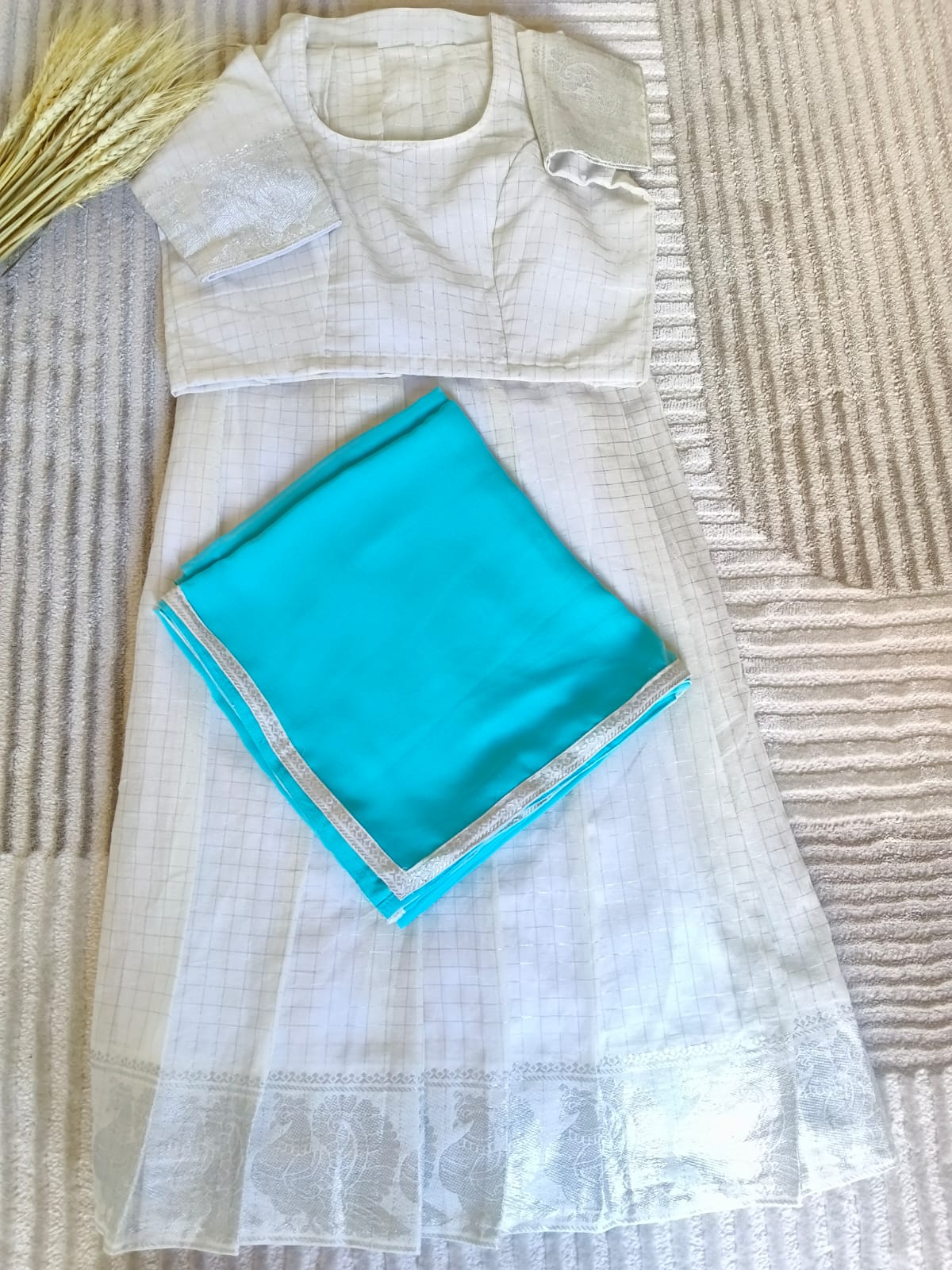 White with Rich Silver Border Half Saree With Light Sky Blue Dupatta