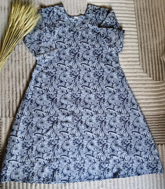 Greyish Blue Floral Kurta with Silver Lace