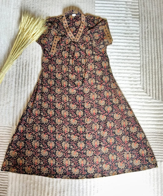 Black Floral Kurta with V Collar Neck