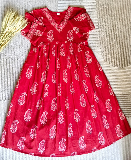 Red Floral Aliya Cut Kurta with Lining