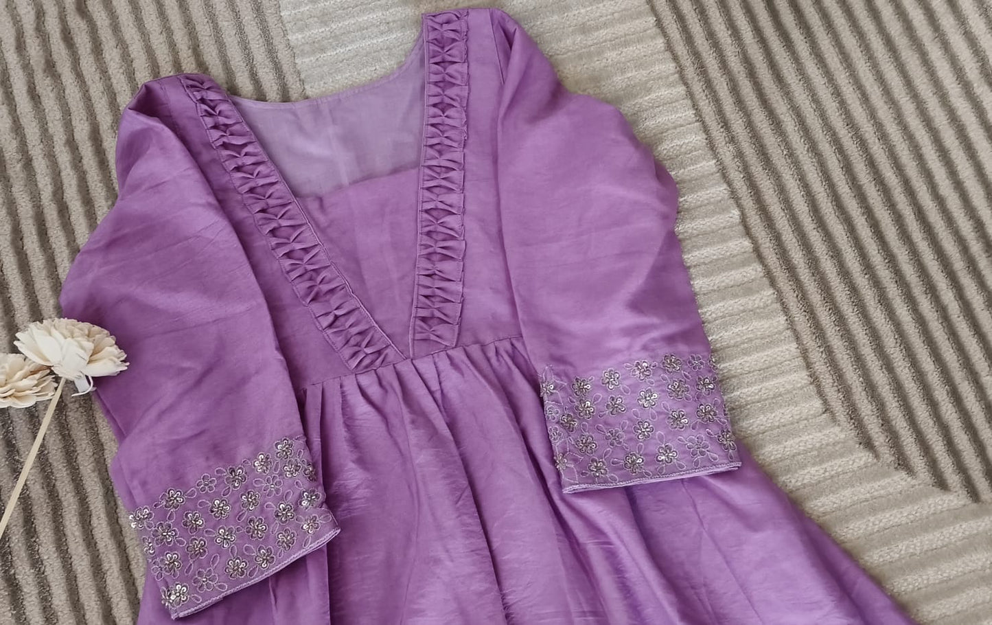 Silk Cotton Lavender Pintuck neck with Silver Zari Sequin Work