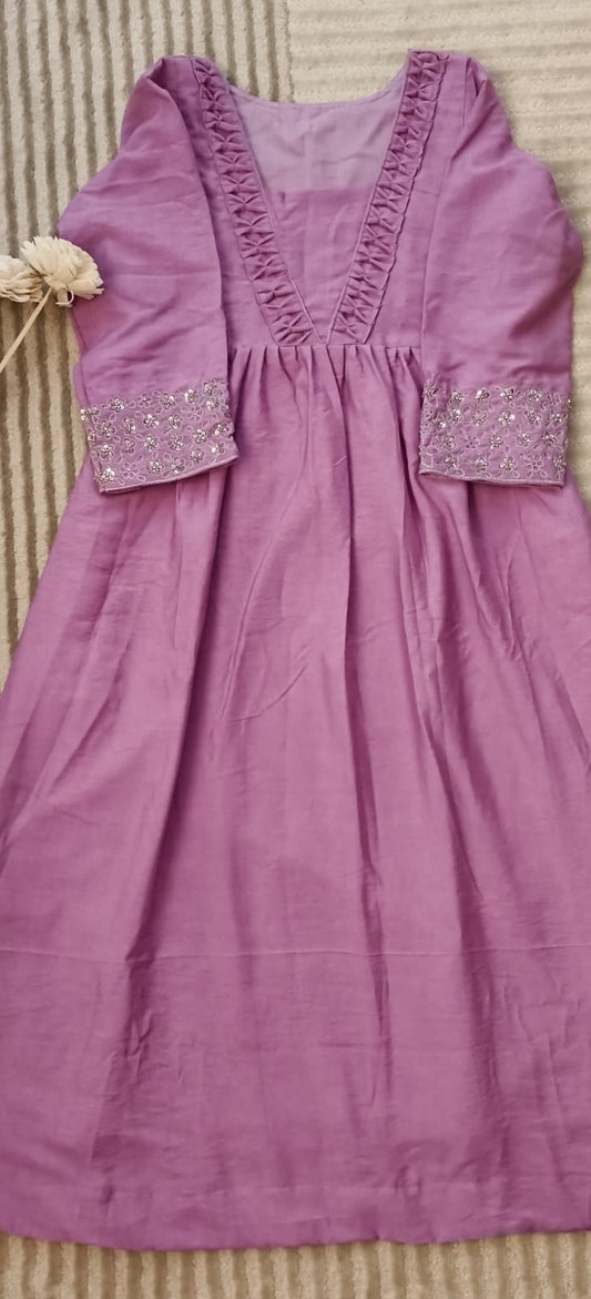Silk Cotton Lavender Pintuck neck with Silver Zari Sequin Work