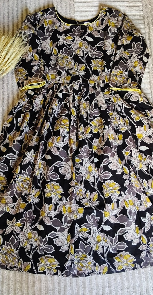 Black Yellow Floral Kurta with Lining