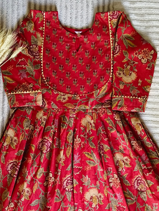 Red Floral Kurta with Golden Lace with Lining