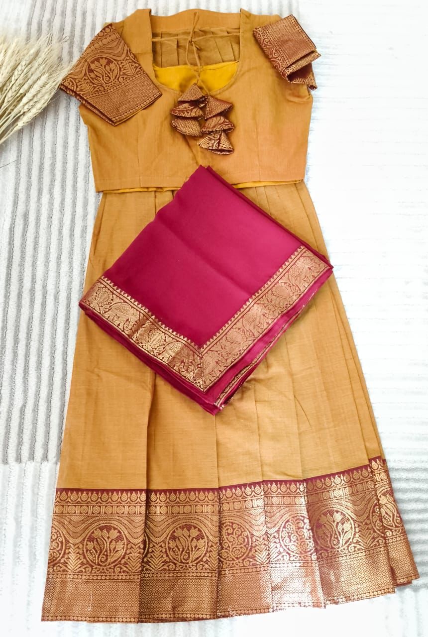 Dual Tone Mustard Color Half Saree with Rich Maroon border
