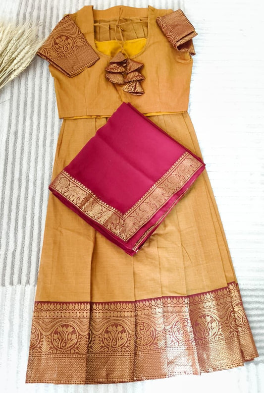 Dual Tone Mustard Color Half Saree with Rich Maroon border