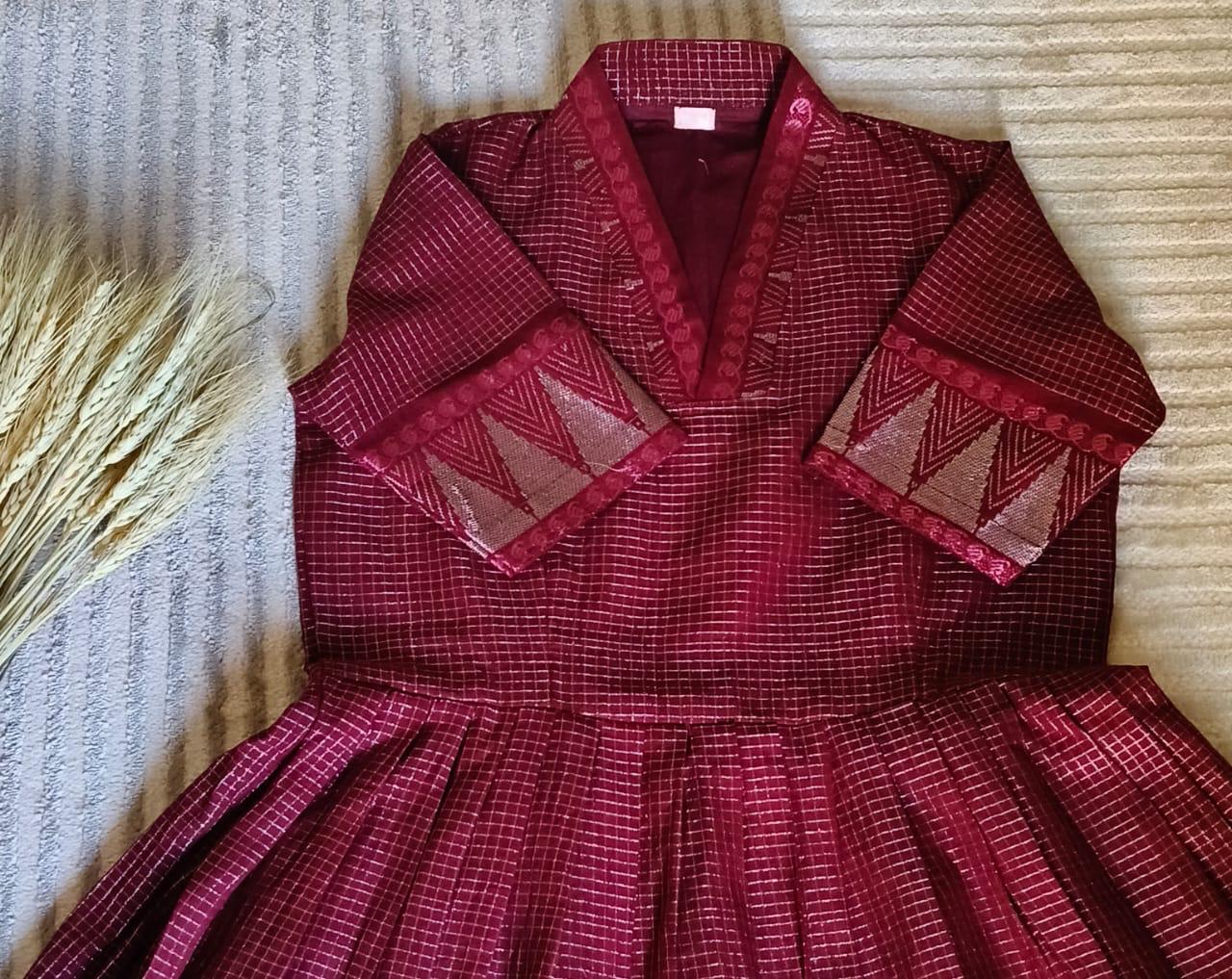 Deep Maroon Wine with Silver Zari Temple Boder-V Collar