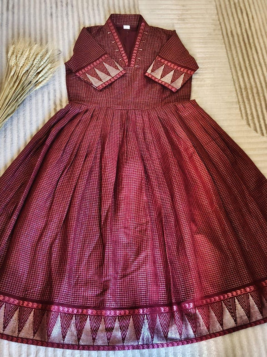 Deep Maroon Wine with Silver Zari Temple Boder-V Collar