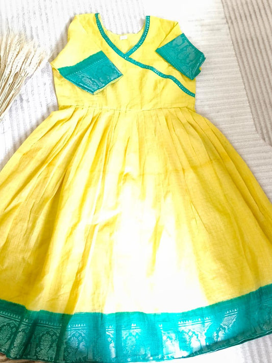 Lemon Yellow With Silver Zari Teal Blue Border