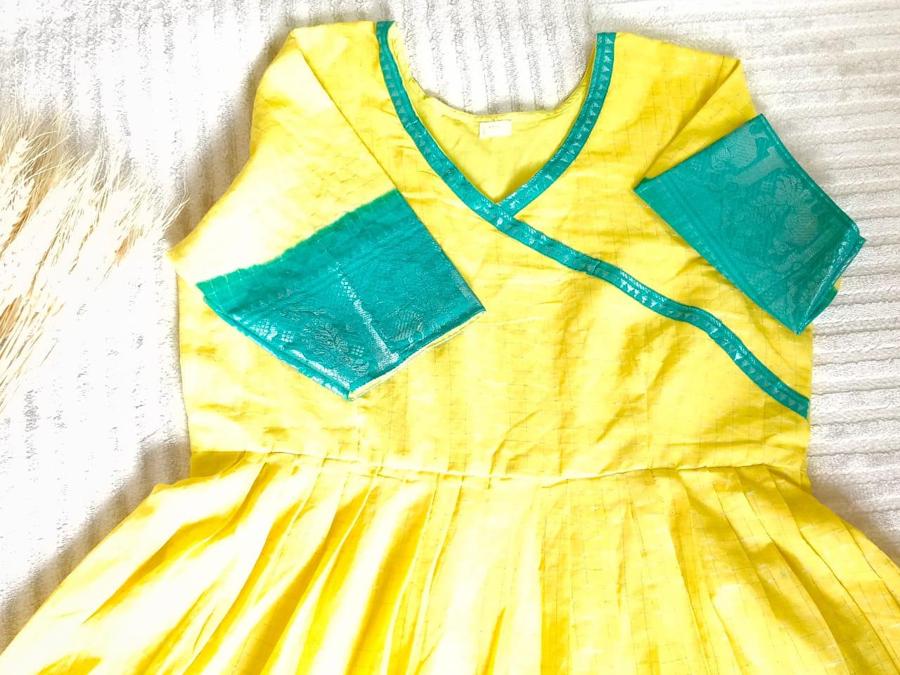 Lemon Yellow With Silver Zari Teal Blue Border