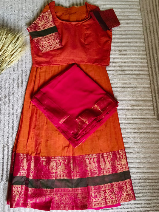 Dual Shade Orange Half Saree With Rich Golden Zari Rani Pink Border with Dupatta