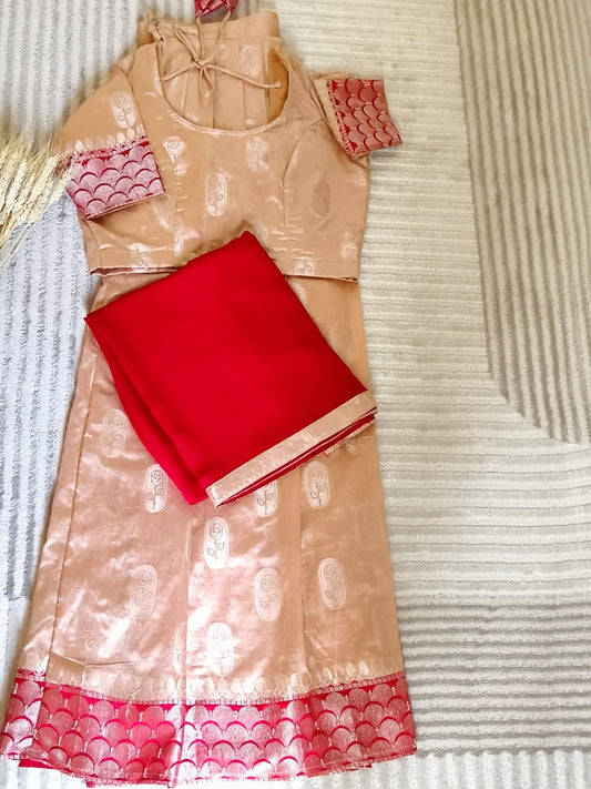 Banaras Sandal Half Saree With Red Border with Dupatta