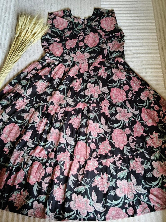 Black Pink Floral Kurta -Short Sleeve