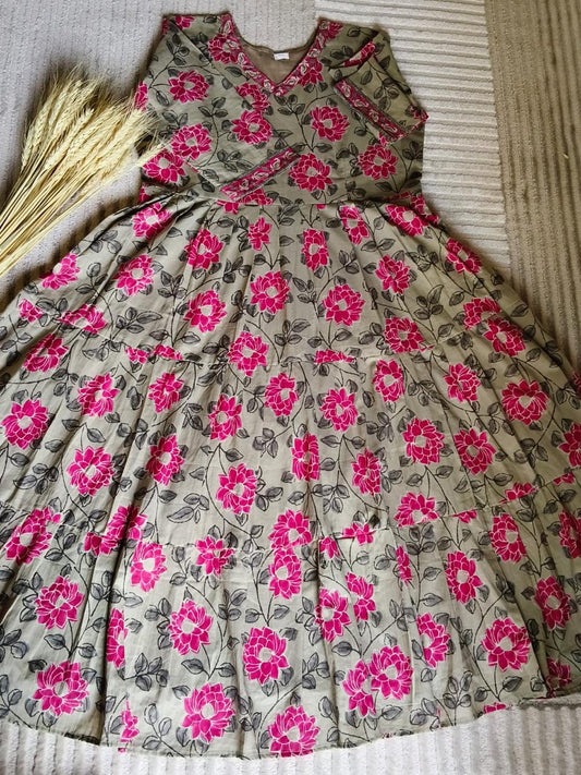 Beautiful Khaki with Pink Floral Kurta with Lining