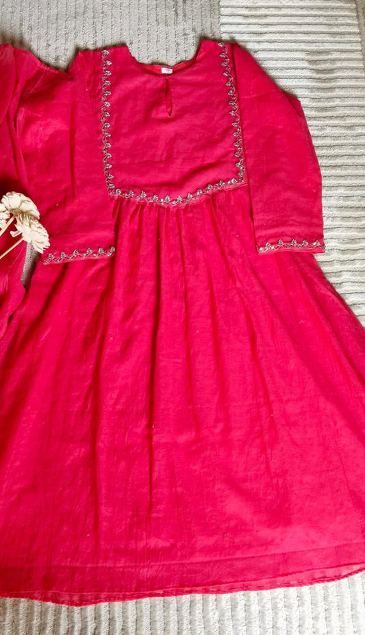 Refreshing Chanderi Coral Red With Silver Zari Cutdana work with Dupatta & Lining