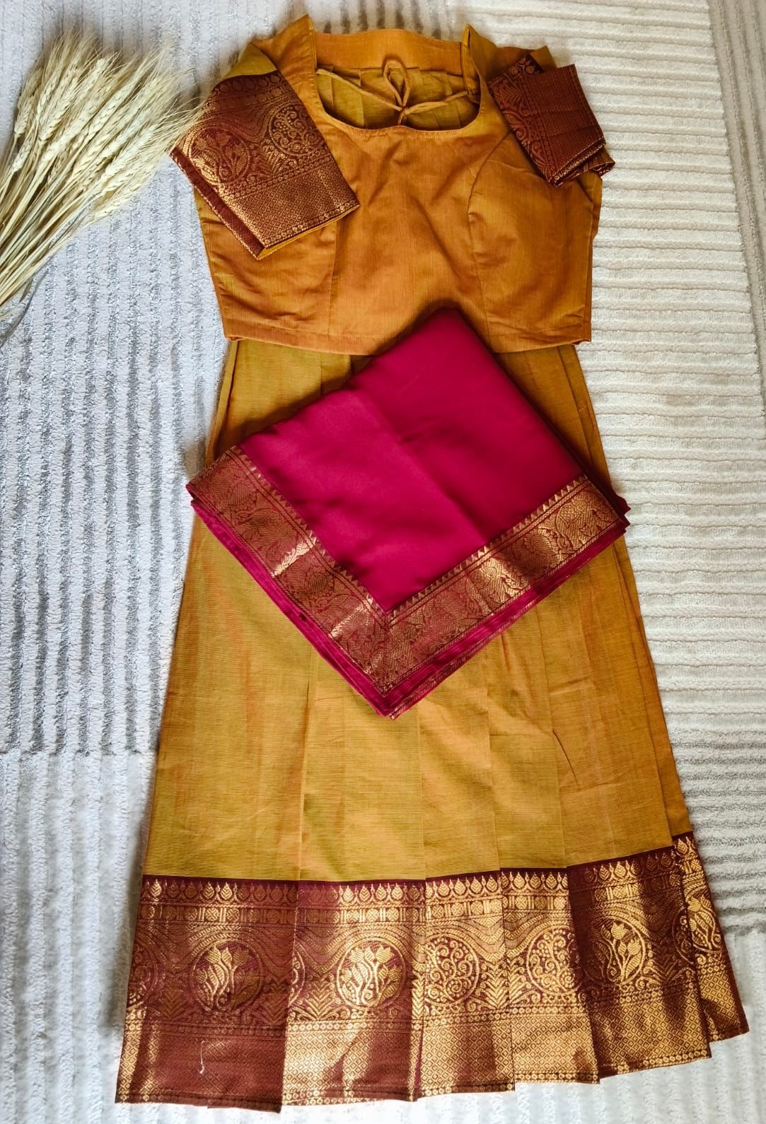Dual Tone Mustard Color Half Saree with Rich Maroon border