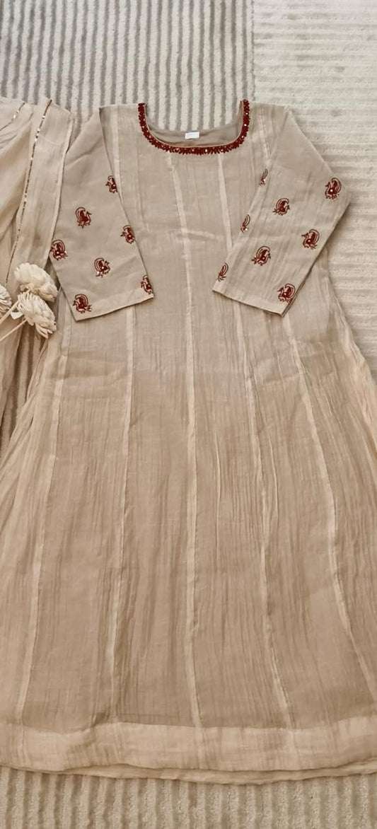 Soft Beige Mul Chanderi Panel Cut Kurta With Silk Thread and Sequin Work With Dupatta
